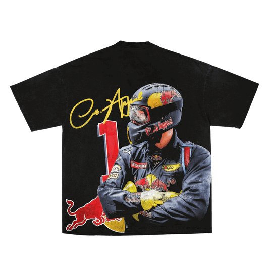 Black RBF1 Tee featuring a racing driver graphic with helmet, Red Bull logos, and number 1 design on the back