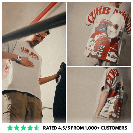Man wearing Marlboro Racing Club tee shirt with bold Curb Appeal graphic, showcasing front and back designs for CAR GUY STARTER PACK bundle.