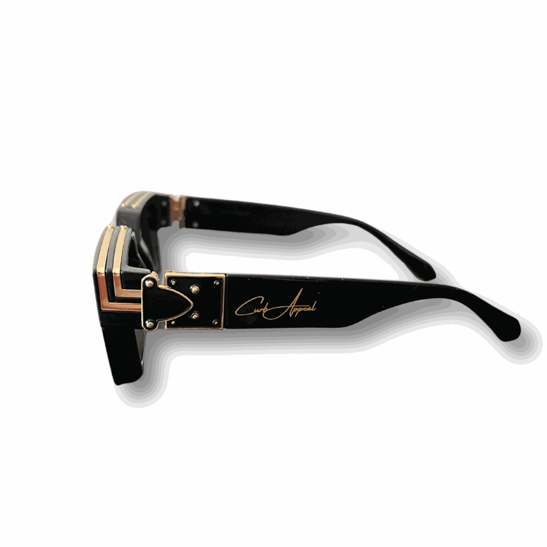 Glossy black High Roller Shades with gold-plated detailing and polarized lenses for UV protection.