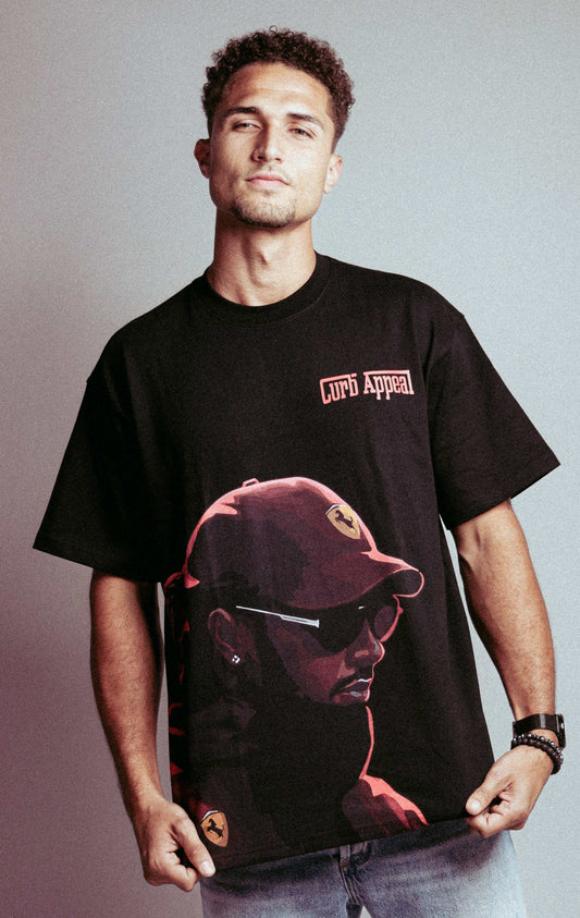 Lewis Hamilton Ferrari Tee with bold black and red graphic and Curb Appeal logo.