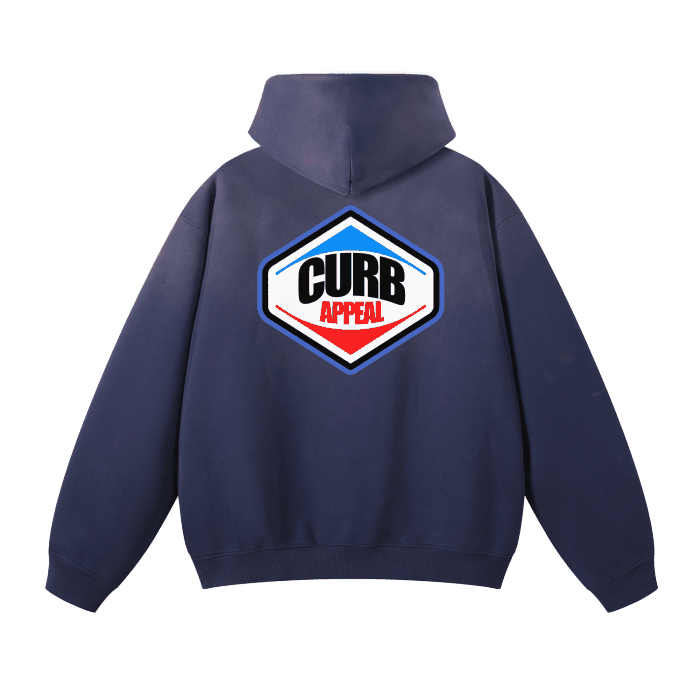 Navy blue Pit Stop Hoodie with retro "CURB APPEAL" logo on the back.