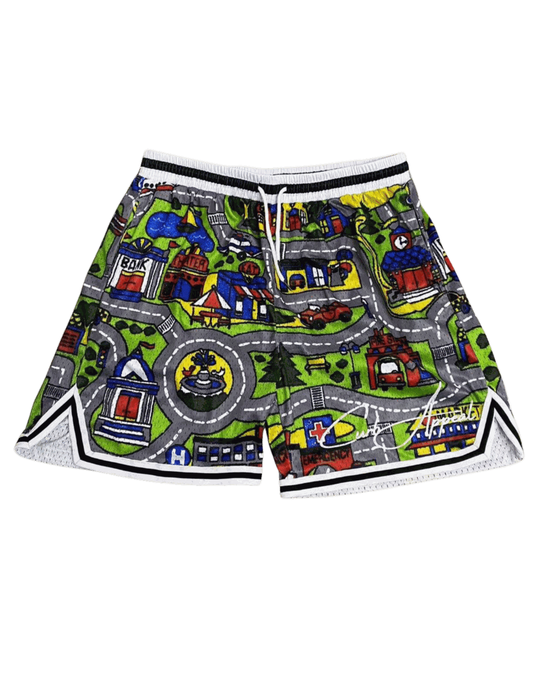 Nostalgia Mesh Shorts with colorful car mat-inspired print, breathable fabric, knee-length fit.