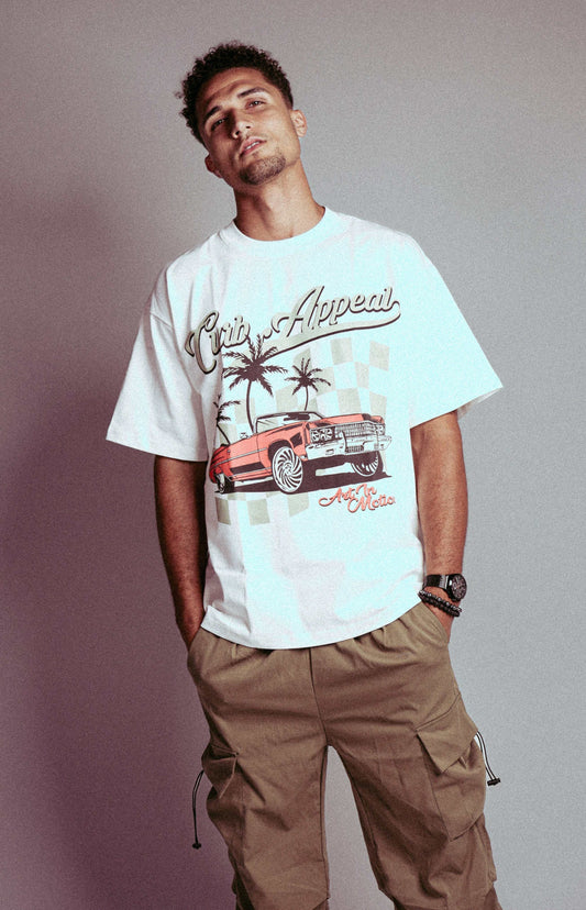 Urban style Donk Tee with bold car graphic, relaxed unisex fit, 100% cotton, available in black or white.