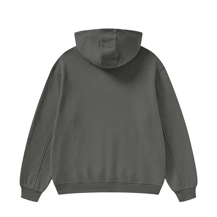 Soft high neck hoodie in heavyweight fleece, back view.