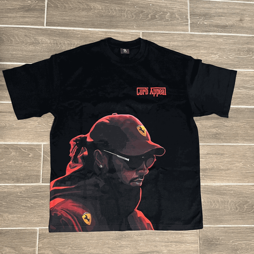 Black Lewis Hamilton Ferrari tee with red graphics and Ferrari-style logo.