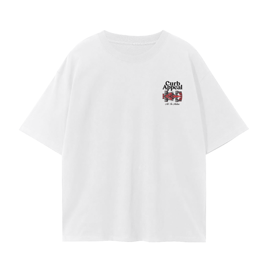 F1 Tee in white, loose fit, 100% cotton, casual wear for F1 enthusiasts.