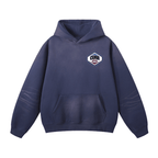 Pit Stop Hoodie, navy blue with logo, loose fit, heavyweight fleece.