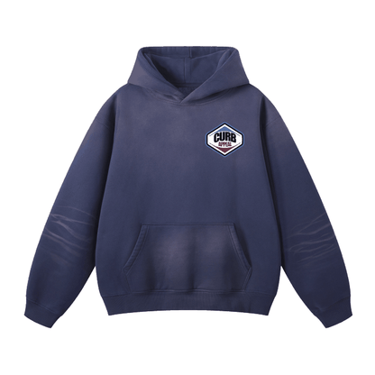 Pit Stop Hoodie, navy blue with logo, loose fit, heavyweight fleece.