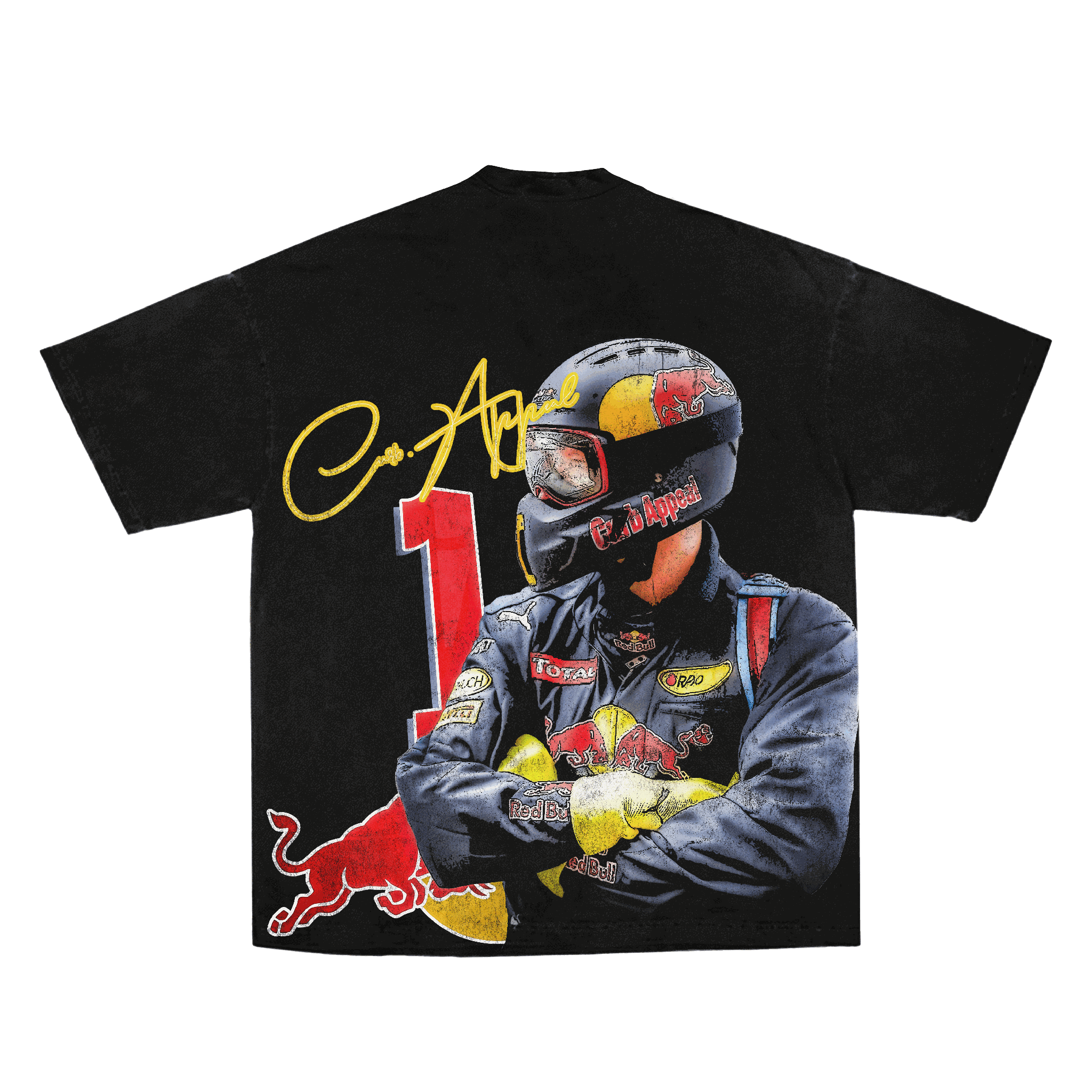 Black RBF1 Tee featuring a racing driver graphic with helmet, Red Bull logos, and number 1 design on the back