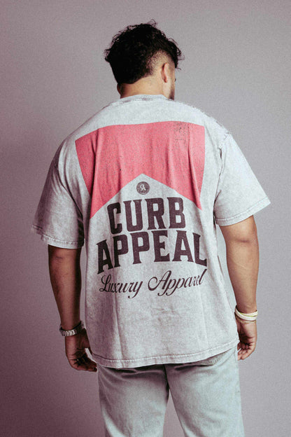 Vintage style acid wash tee by Curb Appeal, featuring bold text on the back.