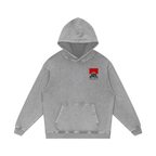 Vintage acid wash hoodie with front pocket and hood, oversized fit, 100% cotton.