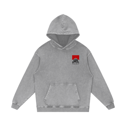 Vintage acid wash hoodie with front pocket and hood, oversized fit, 100% cotton.