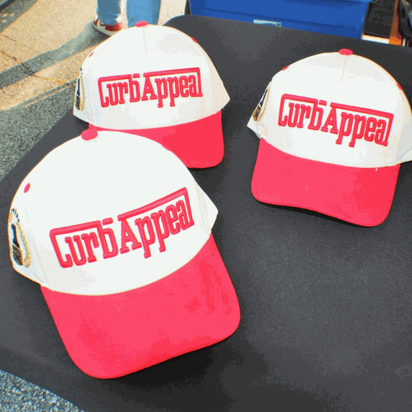 The Winner's Circle Hat with red suede bill and 3D stitching.