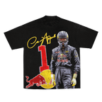 Black RBF1 Tee featuring a race car driver graphic, large red number 1, and yellow Red Bull logo.