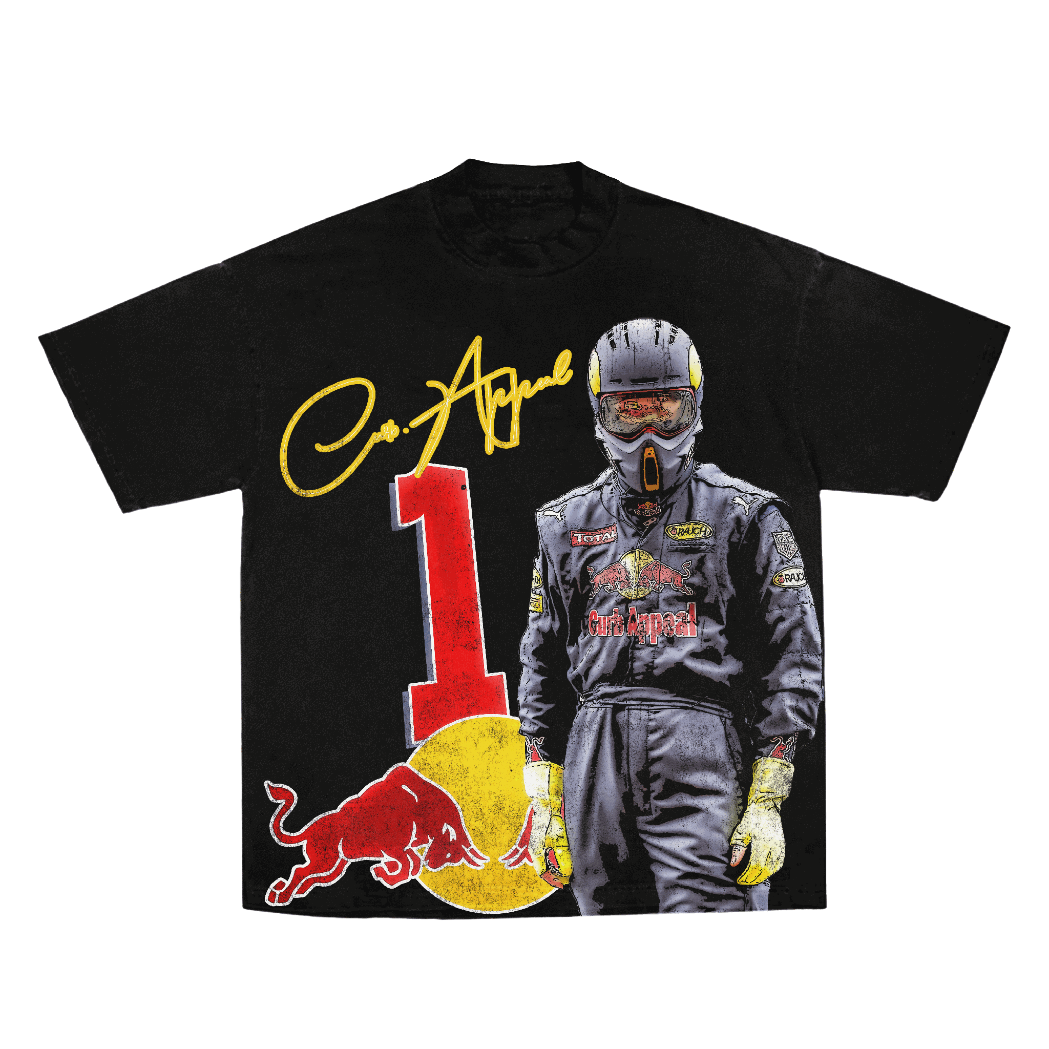 Black RBF1 Tee featuring a race car driver graphic, large red number 1, and yellow Red Bull logo.