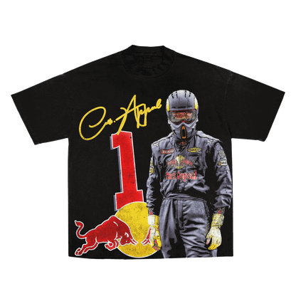 Black RBF1 Tee featuring a race car driver graphic, large red number 1, and yellow Red Bull logo.