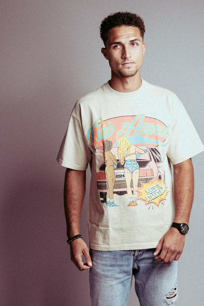 Members Only tee with street culture design, featuring women and cars, unisex fit.