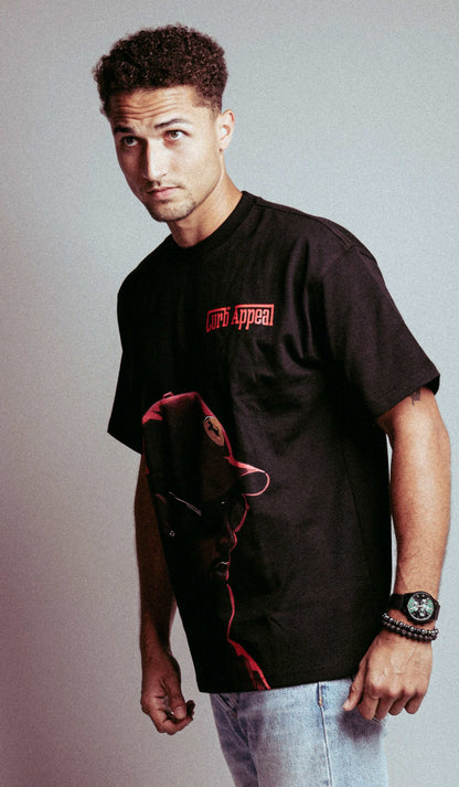 Black Lewis Hamilton Ferrari Tee with red graphic and Curb Appeal logo.