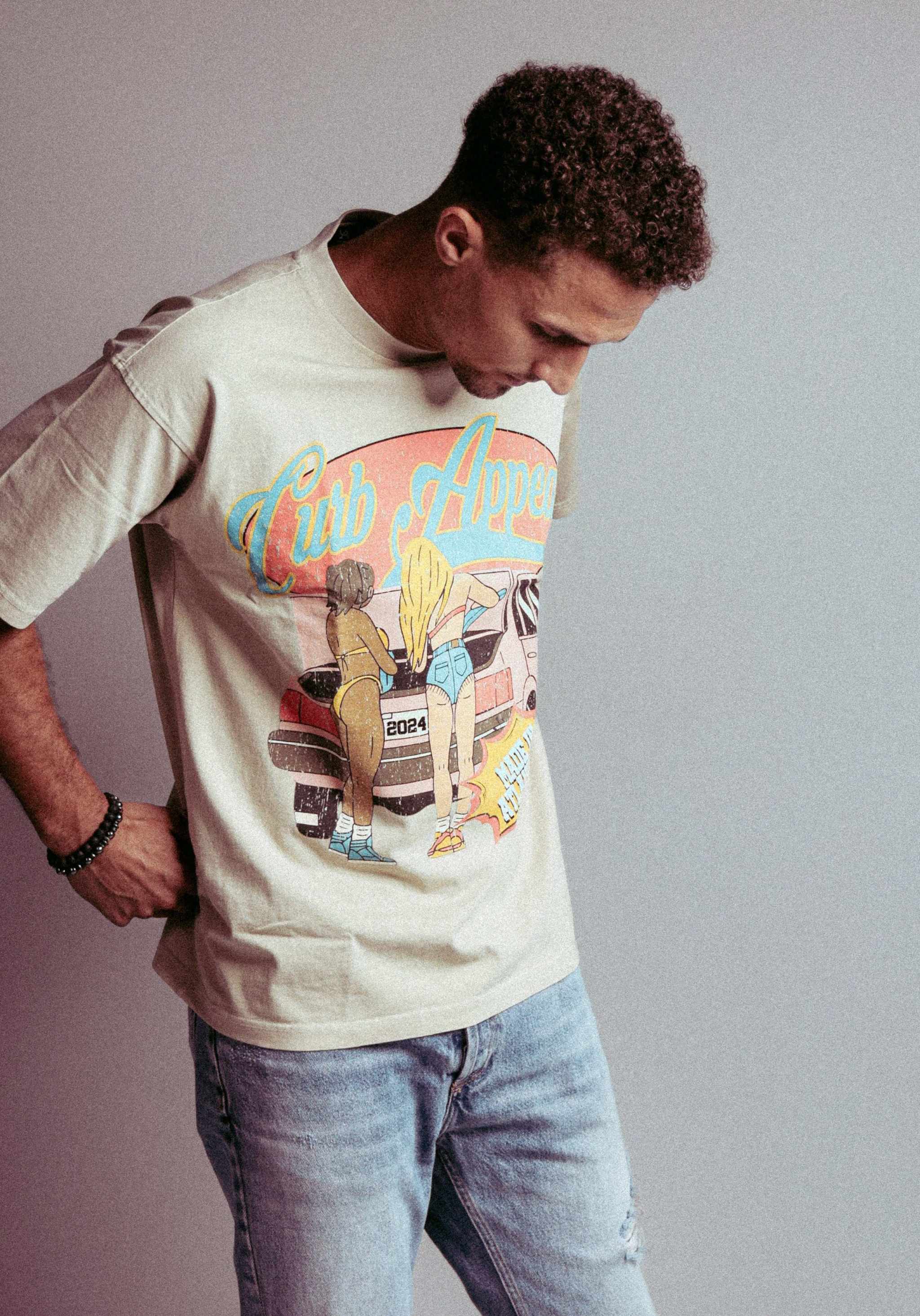 Graphic "Members Only tee" shirt with bold back design, cultural car art, relaxed fit, 100% cotton.
