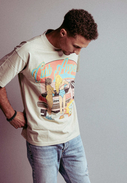 Graphic "Members Only tee" shirt with bold back design, cultural car art, relaxed fit, 100% cotton.