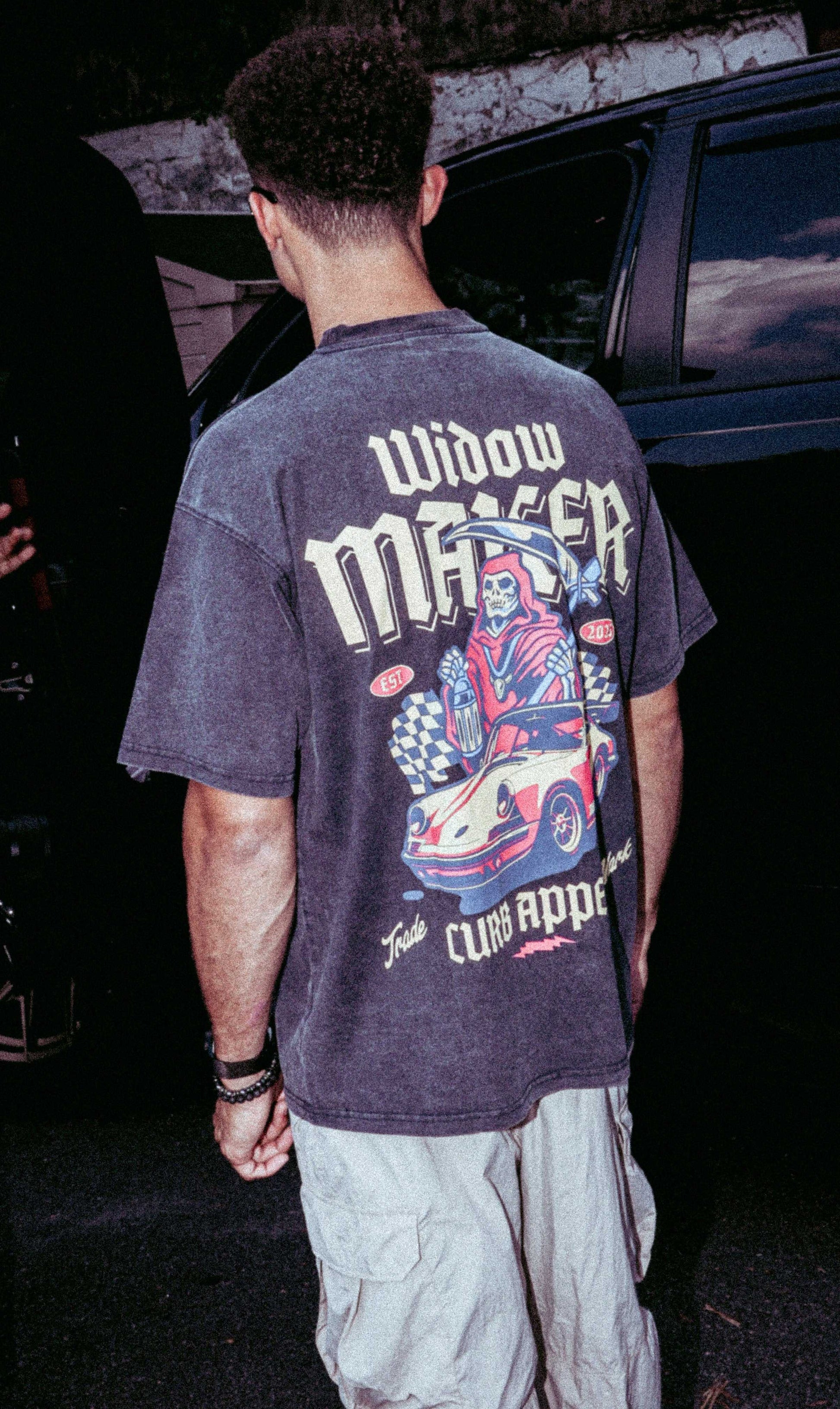 Widow Maker Tee featuring automotive-inspired graphic on back.