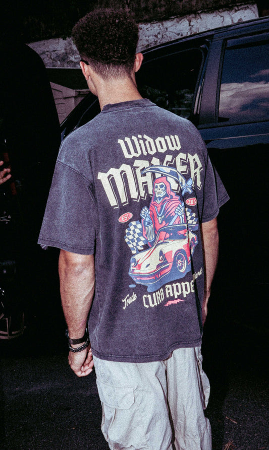 Widow Maker Tee featuring automotive-inspired graphic on back.