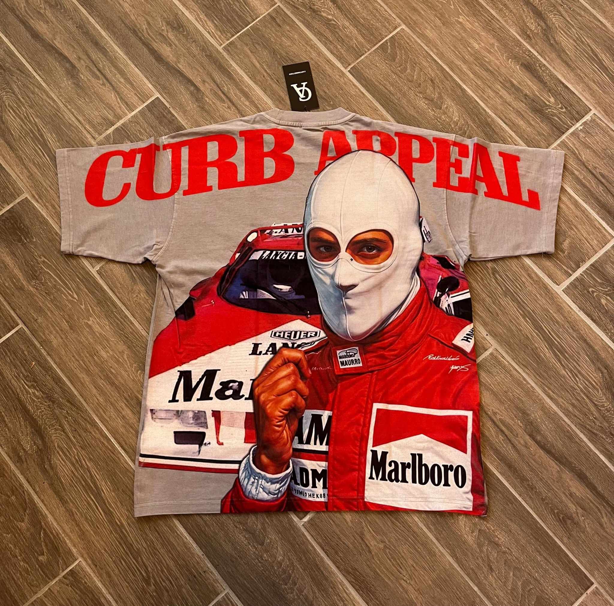 Marlboro Racing Club Tee with red "Curb Appeal Racing Club" logo and iconic racing graphic, heavyweight cotton.