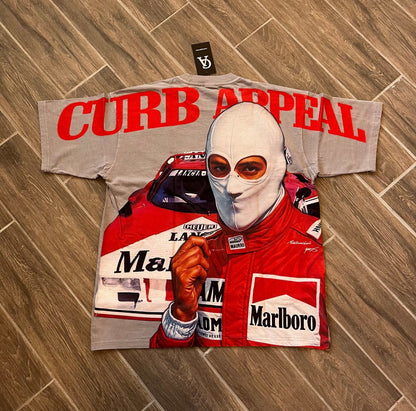 Marlboro Racing Club Tee with red "Curb Appeal Racing Club" logo and iconic racing graphic, heavyweight cotton.