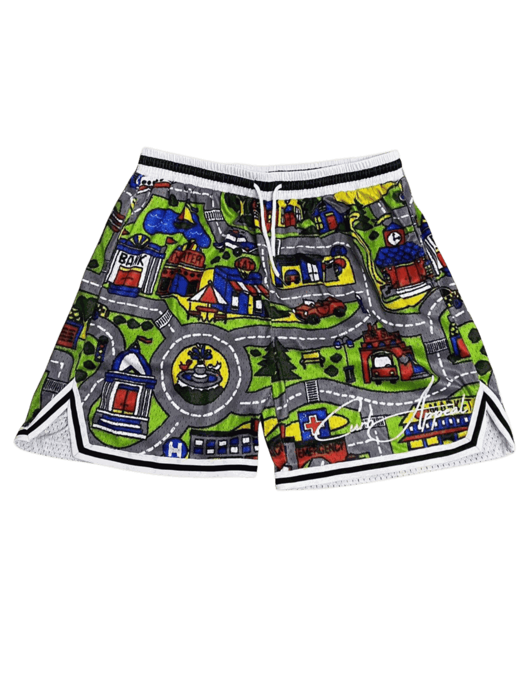 Nostalgia Mesh Shorts with colorful car mat-inspired print, breathable fabric, knee-length fit.