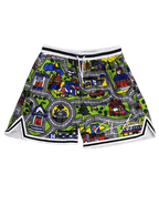 Nostalgia Mesh Shorts with colorful car mat-inspired print, breathable fabric, knee-length fit.