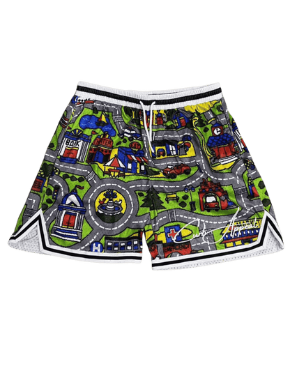 Nostalgia Mesh Shorts with colorful car mat-inspired print, breathable fabric, knee-length fit.