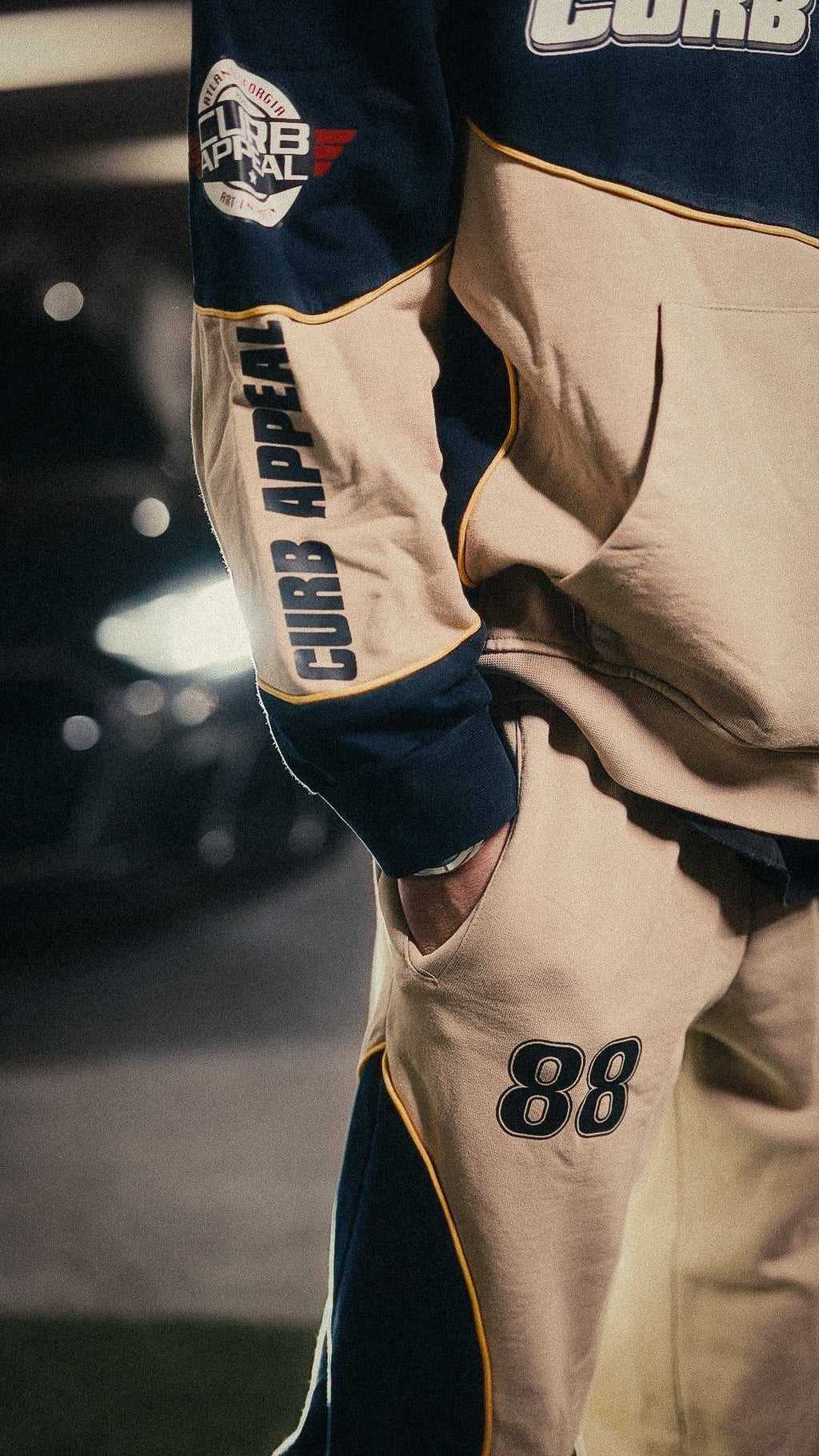Motorsport set with heavyweight zip-up hoodie and joggers featuring "Curb Appeal" design and "88" number.