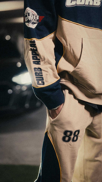 Motorsport set with heavyweight zip-up hoodie and joggers featuring "Curb Appeal" design and "88" number.