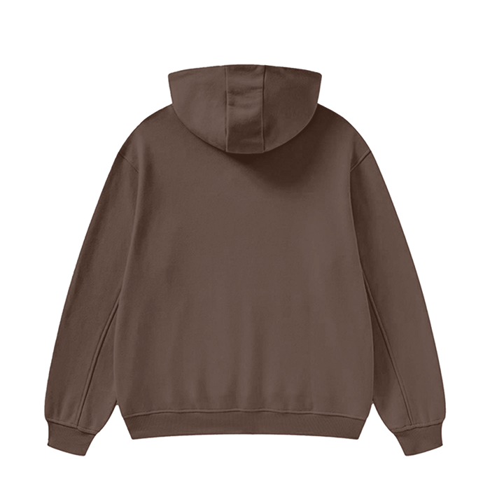 Soft high neck fleece hoodie in brown, cozy and heavyweight for warmth.