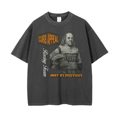 Ben Franklin Race Tee with racing graphics, casual cotton, stone wash, short sleeves.