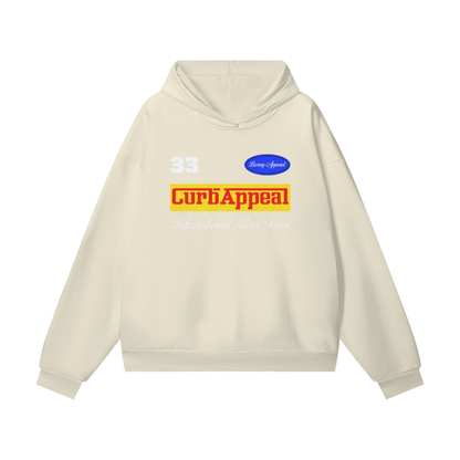 International Race Team Hoodie with logos and number, oversized fit, cream color.