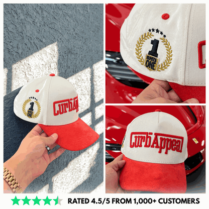 Red and white Winner’s Circle Hat with embroidered number one and Curb Appeal logo from the CAR GUY STARTER PACK