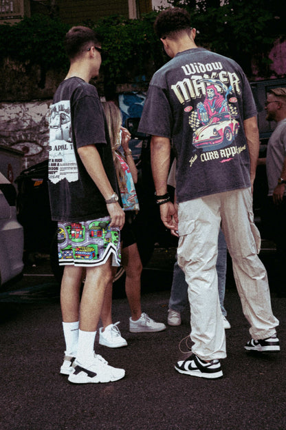 Nostalgia Mesh Shorts with classic car mat-inspired print and streetwear style.