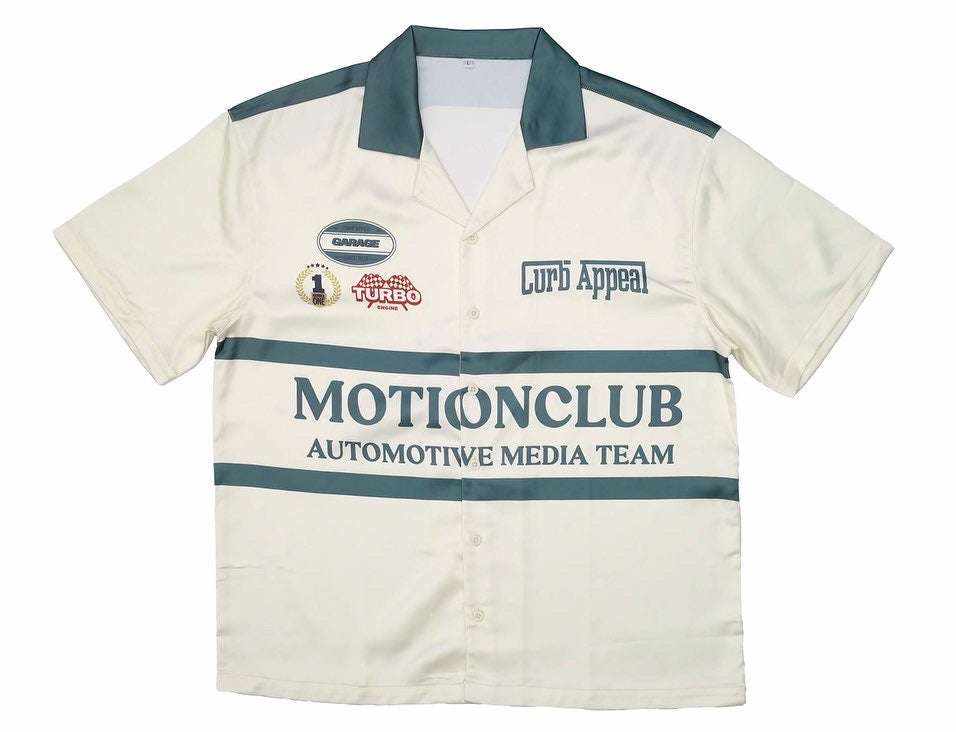 Motion Club Polo with logo patches, cream and green design, cotton-silk blend, short sleeves.