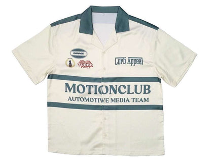Motion Club Polo with logo patches, cream and green design, cotton-silk blend, short sleeves.