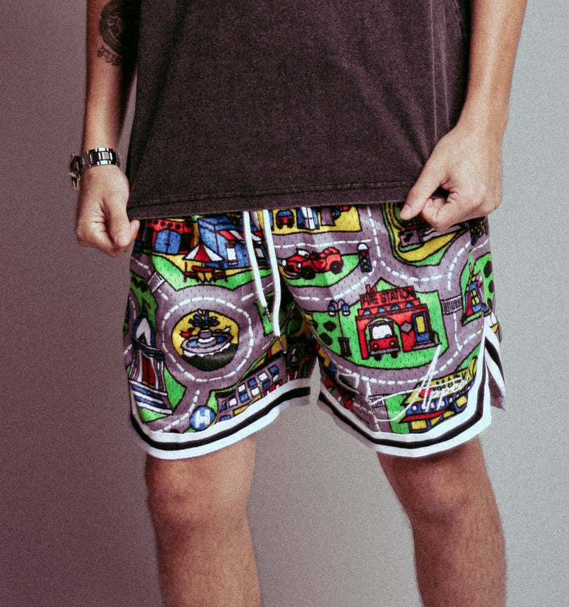Nostalgia Shorts with vibrant retro car-themed design.