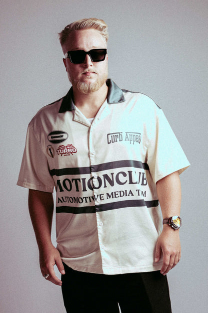 Motion Club Polo cotton-silk blend shirt with automotive-inspired design.