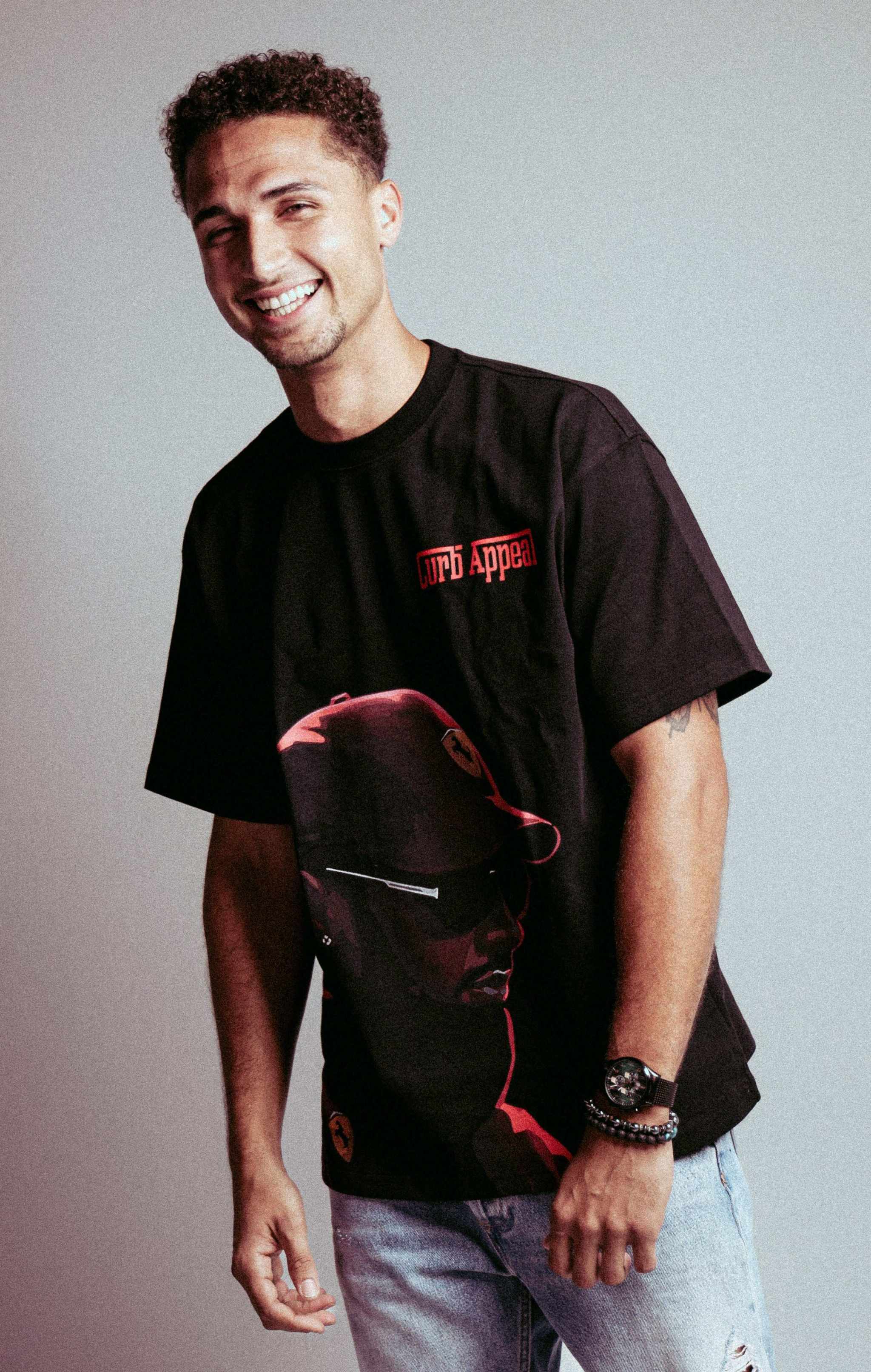 Lewis Hamilton tee with black and red design featuring detailed graphic and Curb Appeal logo.