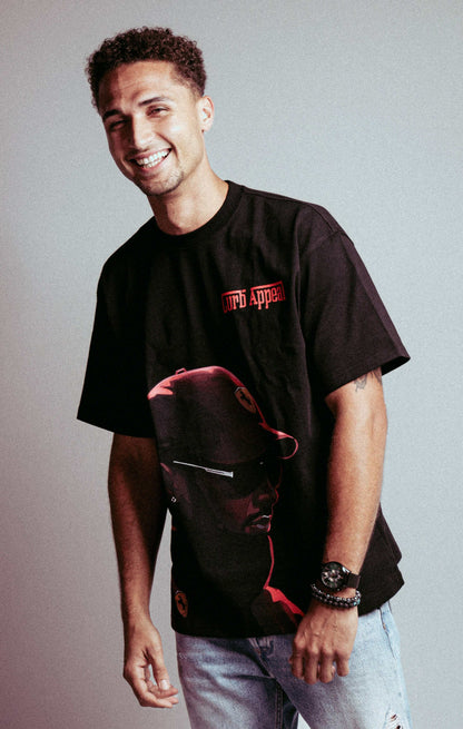 Lewis Hamilton tee with black and red design featuring detailed graphic and Curb Appeal logo.