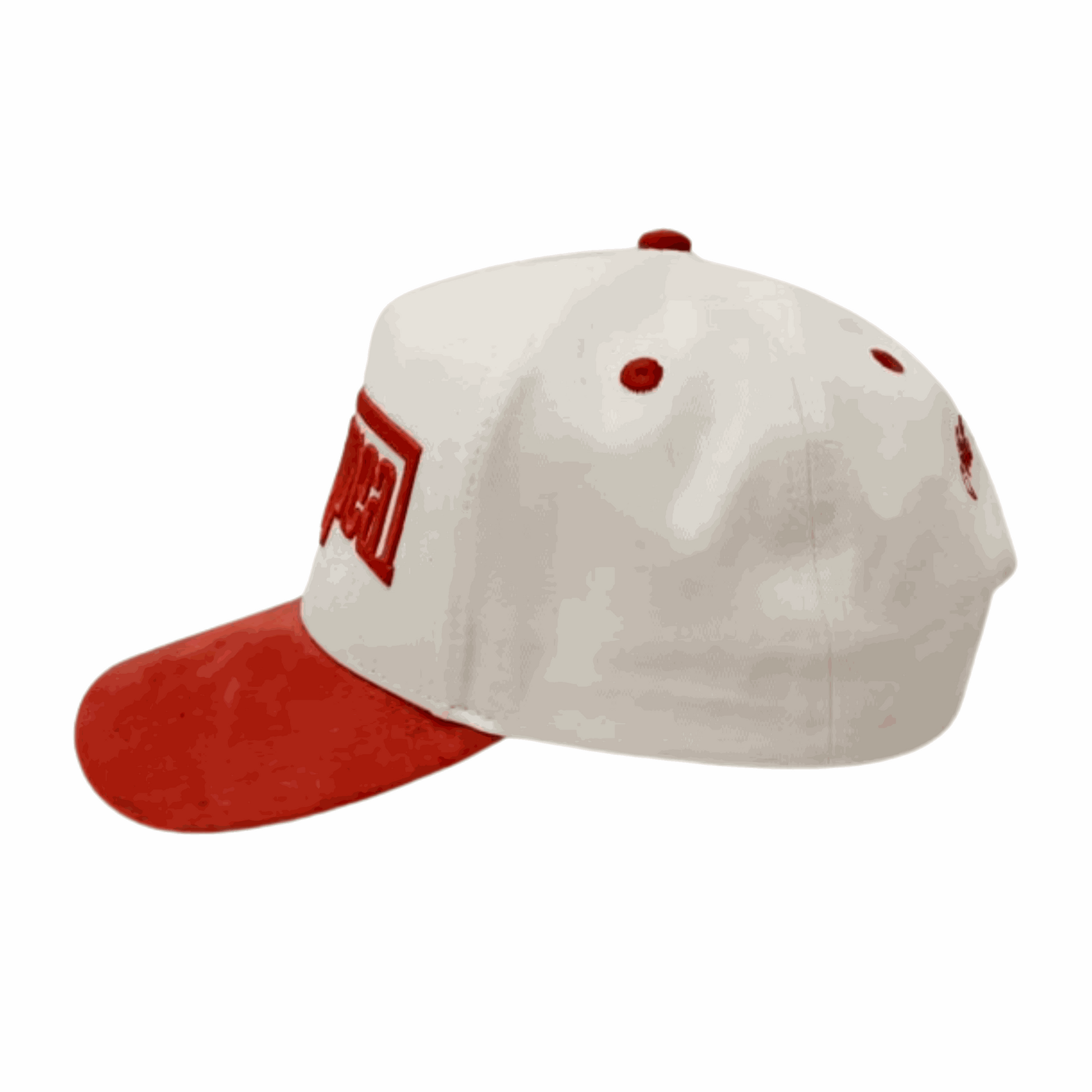 The Winner's Circle Hat with red suede bill and 3D stitching, inspired by racing culture.