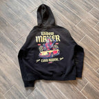 Widow Maker Hoodie with car design and text on back, heavy-duty comfort, stylish acid wash.