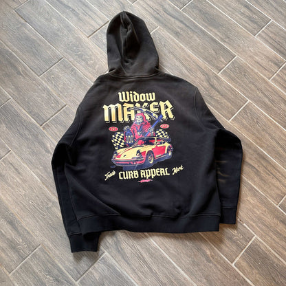 Widow Maker Hoodie with car design and text on back, heavy-duty comfort, stylish acid wash.
