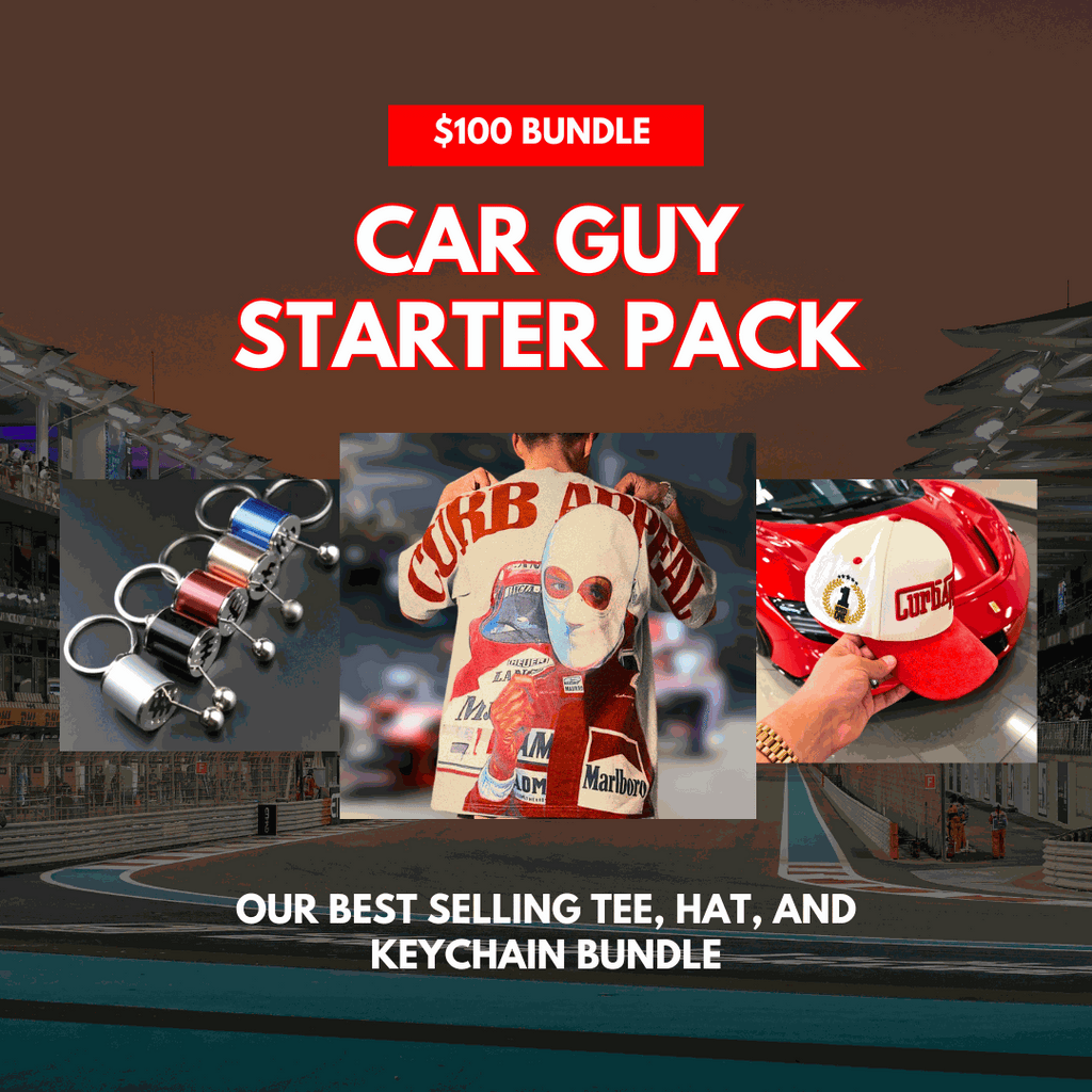 Car Guy Starter Pack $100 bundle with Marlboro Racing Club tee, Winner’s Circle hat, and gear shifter keychain.