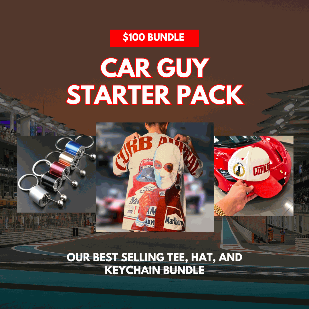 Car Guy Starter Pack $100 bundle with Marlboro Racing Club tee, Winner’s Circle hat, and gear shifter keychain.