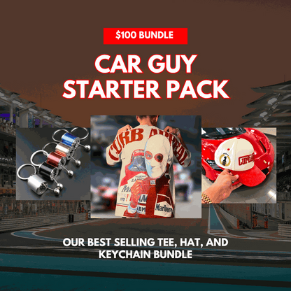 Car Guy Starter Pack $100 bundle with Marlboro Racing Club tee, Winner’s Circle hat, and gear shifter keychain.